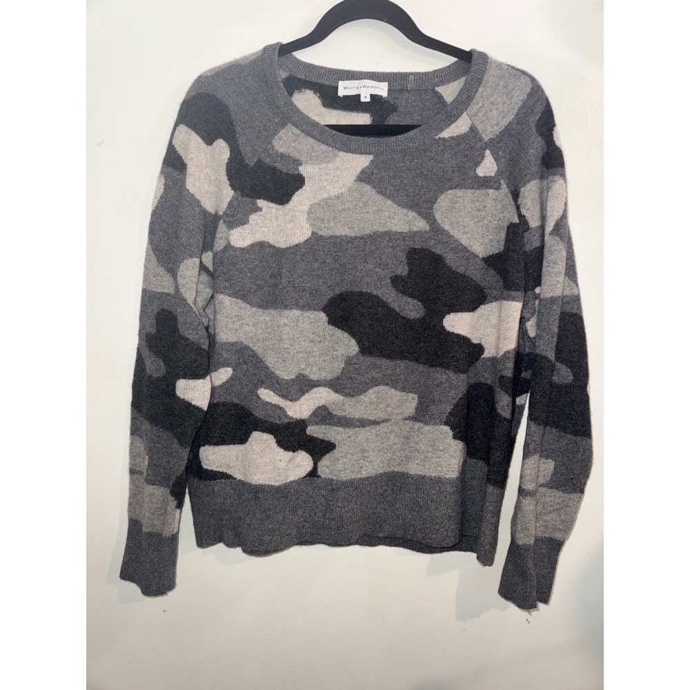 White + Warren Cashmere Camo Sweater Grey Camouflage Raglan Knit Medium FLAW